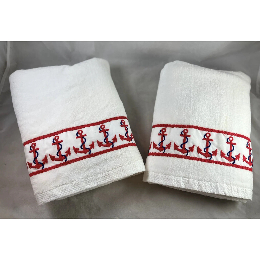 Avanti Bath Towels Red Nautical Anchor Trim White Soft Vintage USA Made 48x26